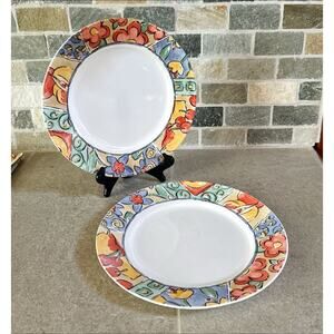 2 Corelle Watercolors Dinner Plated Colorful Fruits Floral Flowers 10 3/4”